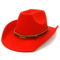 Detailed view of red wool cowboy hat with brown braided band and gold feather charm - One Size / Red