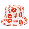 Detail of white bucket hat with red lip prints and XOXO pattern in cotton twill fabric - White Red Lips XOXO Letters (Style 4)