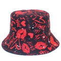 Detail of black reversible bucket hat with red graffiti heart and kiss lip patterns - Black Graffiti Red Lips Letters (Style 2)