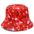 Close-up of red heart pattern on shiny fabric bucket hat with detailed brim stitching - Red Glossy Heart Print (Style 1)