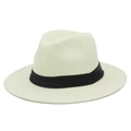 Close-up of cream Panama hat with fine straw weave texture and black ribbon detail - White