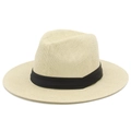 Close-up of the breathable light beige woven texture and black ribbon of the Panama hat - Beige