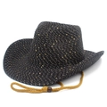 Detail of black straw cowboy hat with gold sequins and adjustable chin strap cord - Black