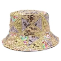 Close-up of mixed colored sequins stitched in geometric patterns on a punk bucket hat - Gold Silver Bronze Patchwork