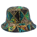 Colorful sequin punk bucket hat with geometric patterns and foldable sunshade design - Multicolor Patchwork Black Green Gold Blue Orange