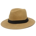 Close-up of fine woven texture on natural straw Panama hat with black ribbon band - Khaki