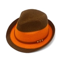 Detailed shot of two-tone contrast straw fedora with orange band and studded leather strap - Orange Brown Patchwork