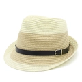 Zweifarbiger beige Strohhut Fedora mit schwarzem Lederband und Metallschnalle für den Sommer - Beige und Hellkhaki