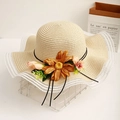 Beige straw sun hat with floral sunflower accents and white lace brim for beach vacations - One Size / Khaki