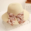 Elegant beige straw sun hat with embroidered bow ribbon and flat top design for women - Khaki