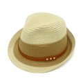 Detailed weave of two-tone straw hat featuring brown leather band and gold rivets - Cream And Light Brown