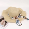 Elegant wide-brim straw sun hat with pearl beads and tropical leaf print ribbon bow - One Size / Khaki