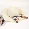 Elegant beige straw hat with floral ribbon bow and delicate white lace trim - One Size / Beige