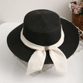 Cappello di paglia nero da donna con nastro in chiffon bianco e fibbia in metallo chic - Nero