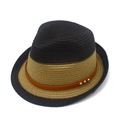 Detail of two-tone woven straw hat with brown leather band and gold metal studs - Navy And Natural