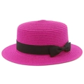 Detail of fuchsia boater straw hat with black grosgrain ribbon and bow on white background - Rose Red