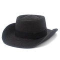 Détail du chapeau de cowboy en paille noire avec texture tissée et ruban gros-grain - Noir