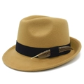 Classic khaki felt fedora hat with elegant black ribbon and spotted feather detail - Camel