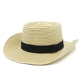 Détails du tissage d'un chapeau de soleil en paille avec un large ruban gros-grain noir - Beige