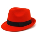 Red wool felt fedora hat with black ribbon band and wide brim in classic British style - One Size / Red