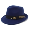 Detail view of navy wool felt fedora featuring black ribbon band and decorative feather - Dark Blue