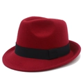 Classic dark red wool felt fedora hat with black ribbon band on a clean white background - One Size / Burgundy