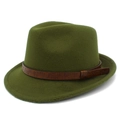 Close-up of olive green felt fedora featuring a vintage floral embossed brown leather band - One Size / Army Green