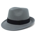 Close-up of grey wool felt fedora hat featuring a classic black grosgrain ribbon band - One Size / Gray