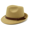 Elegant khaki wool felt fedora hat featuring a vintage embossed leather decorative belt - One Size / Camel