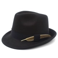 Detail of classic black felt fedora hat with grosgrain ribbon and natural spotted feather - Black