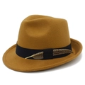 Classic camel wool felt fedora hat featuring a black ribbon band and natural feather decor - Khaki