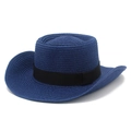 Classic blue straw sun hat with black ribbon, flat top beach hat for summer outdoor vacations - Blue