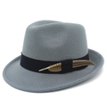 Classic grey felt fedora hat with a black ribbon band and striped feather decoration - Gray