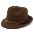 Detailed view of dark brown wool fedora hat with embossed floral leather band accessory - One Size / Coffee