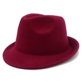 Macro detail of wine red wool fedora hat with reinforced stitched brim and classic crown - One Size / Burgundy