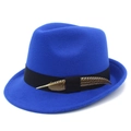 Close-up of blue felt fedora hat featuring a black ribbon band and decorative feather - Sapphire Blue