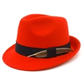 Red wool felt fedora hat with black grosgrain ribbon and spotted feather accent - Red