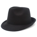 Detailed close-up of a black wool fedora hat featuring a classic indented crown and stitched brim - One Size / Black