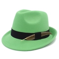 Classic green felt fedora hat with black ribbon band and decorative feather detail - Green