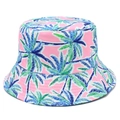 Dettaglio del cappello alla pescatora rosa con stampa di palme blu e finiture curate - Taglia unica / Rosa