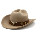 Sombrero vaquero marrón arena clásico con banda de cuero y adorno de cabeza de toro dorado - Caqui