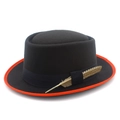 Chapeau Pork Pie classique en feutre noir avec plume dorée et bordure orange - Taille unique / Noir