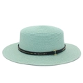 Mint green straw boater sun hat with black leather band and gold metal ring detail - Mint Green