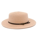 Chic pink straw boater hat with a brown leather band and gold studs for summer sun protection - Light Pink