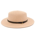 Detail of flat top straw hat featuring a black leather band with metallic studs - Light Pink