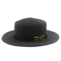 Detail of a black woven boater hat featuring a decorative gold chain buckle on a ribbon - One Size / Black