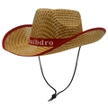 Detail of a straw sun hat with wide red trim edge and brand logo on the decorative ribbon - Red