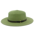 Detail of avocado green straw hat featuring black belt with gold studs and ring buckle - Grass Green