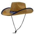 Close-up of woven straw cowboy hat featuring blue decorative band and adjustable chin strap - Blue