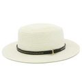 Detailed view of white straw boater hat featuring black leather band and metal studs - Off White